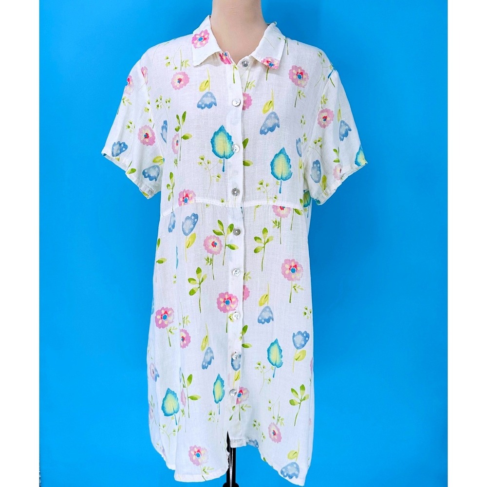 Vintage Marc Ware Womens M Floral Linen Short Sleeve Button Front Shirt Dress